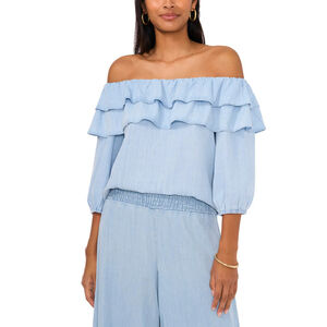 Sam & Jess Size Large Petite Off-The-Shoulder 3/4-Sleeves Double-Ruffle Top NWT